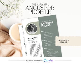 Ancestor Profile Template for Genealogy Research | Printable Customizable | Easy Ancestry Binder Organization. Perfect gift for grandparent