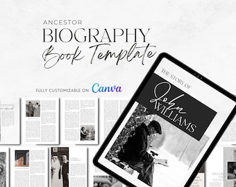 May include: A black and white digital tablet displaying a book template for a biography. The template features a black background with white text that reads "The Story of John Williams". The tablet is on a white surface with other pages of the template visible in the background.