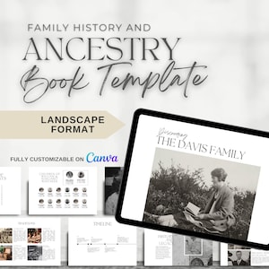 Op de afbeelding: Een digitale mockup van een sjabloon voor een familiegeschiedenisboek in liggende vorm. De sjabloon is volledig aanpasbaar op Canva. De omslag bevat de tekst "Discovering The Davis Family" en een zwart-witfoto van een vrouw die een boek leest. De binnenpagina's bevatten een inhoudsopgave, een stamboom, een tijdlijn en andere secties.