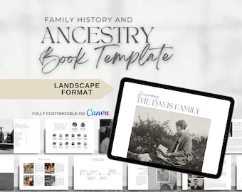 Könnte beinhalten: Ein digitales Mockup einer Familienstammbaum-Buchvorlage im Querformat. Die Vorlage ist vollständig anpassbar auf Canva. Das Cover zeigt den Text "Discovering The Davis Family" und ein Schwarzweißfoto einer Frau, die ein Buch liest. Die Innenseiten enthalten ein Inhaltsverzeichnis, einen Stammbaum, eine Zeitleiste und weitere Abschnitte.
