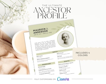 Ancestor Profile Template for Genealogy Research | Printable Customizable | Easy Ancestry Binder Organization. Perfect gift for grandparent