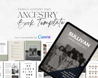 May include: A digital template for creating a family history book. The template is fully customizable on Canva. The cover of the book features a black and white photo of four women standing together. The title of the book is "Sullivan Family History". The text on the cover reads "Stories of resilience, love, and family, 1900 - present."
