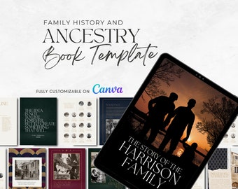 May include: A digital tablet displaying a book template for creating a family history and ancestry book. The template features a black and white silhouette of a family standing in front of a sunset. The text "The Story of the Harrison Family" is displayed on the cover.