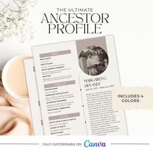 Plantilla de perfil de antepasado para investigación genealógica. Imprimible y personalizable. Fácil organización de carpetas genealógicas. Regalo perfecto para abuelos.