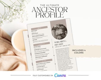 Ancestor Profile Template for Genealogy Research | Printable Customizable | Easy Ancestry Binder Organization. Perfect gift for grandparent