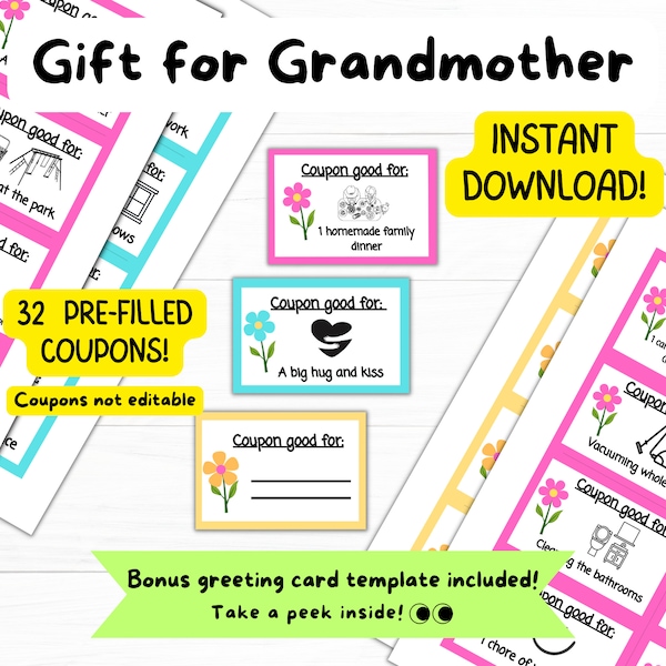 Grandmother Mother's Day Gift, Printable Mothers Day Coupons. Instant Download, Coupon Template. Grandmom Gift, Grammy Gift, From Grandkids