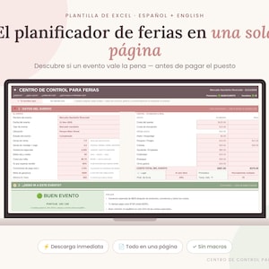 May include: An Excel spreadsheet template for event planning displayed on a laptop screen. The interface includes sections for event data, costs, and a control center with the text 'CENTRO DE CONTROL PARA FERIAS' and 'BUEN EVENTO'.