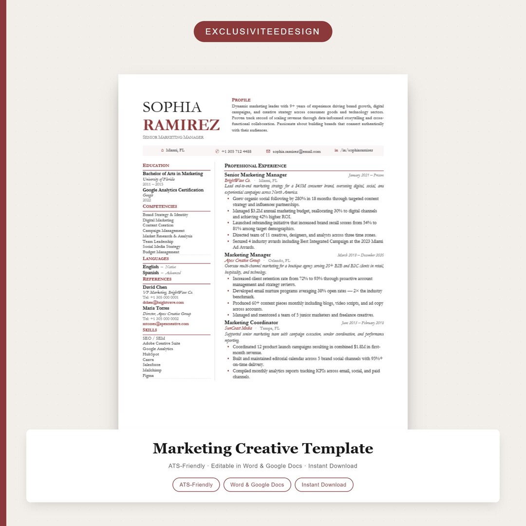 ATS Resume Template for Marketing and Creative | Editable Word & Google ...