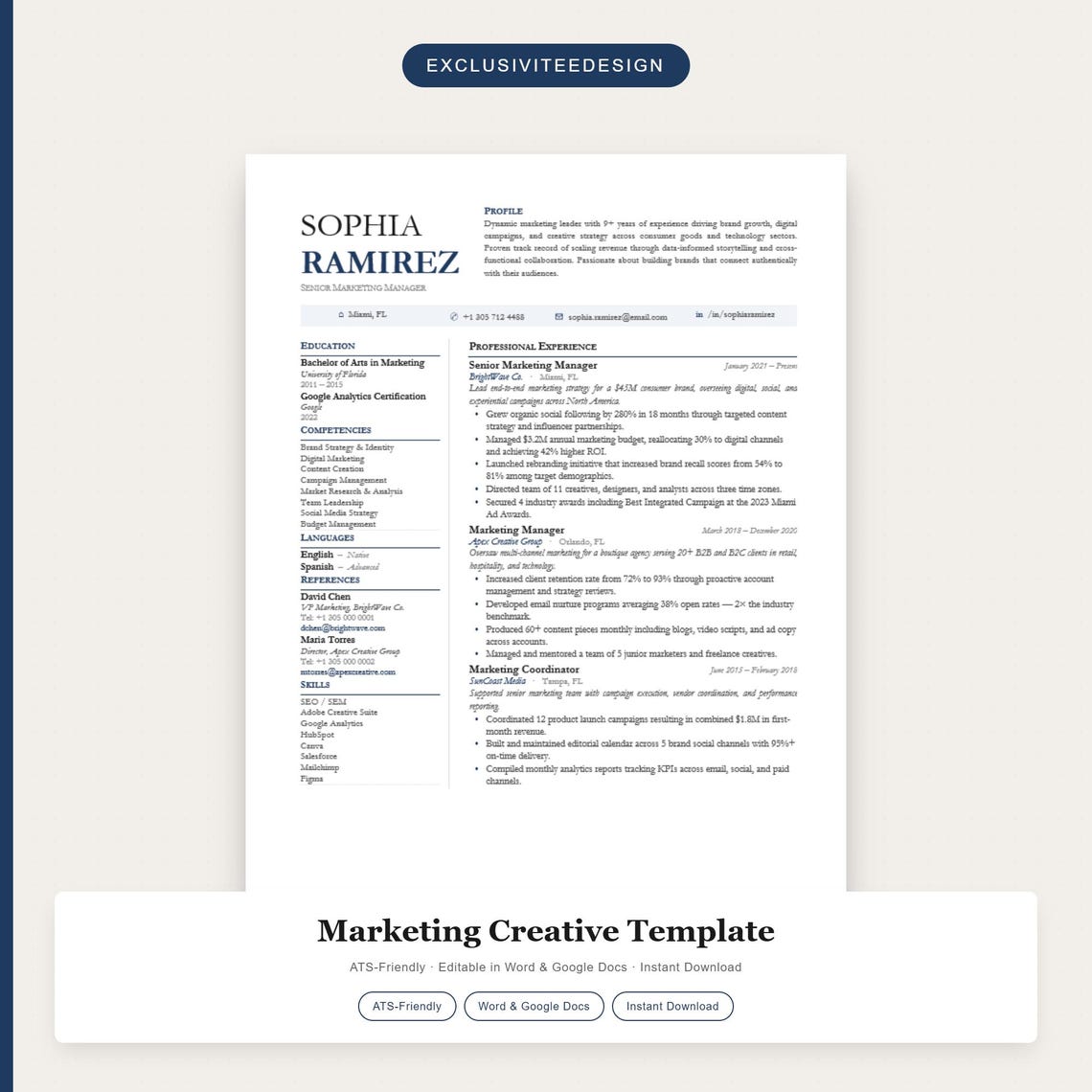 ATS Resume Template for Marketing Creative Professionals (word/google ...