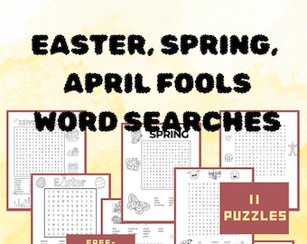 Easter, Religious, Spring, April Fool's Day Word Searches. Each puzzle features various difficulty levels and cute graphics to color.