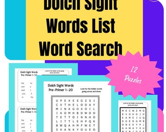 Dolch Pre-Primer Sight Word- Word Searches, Early readers' first words,