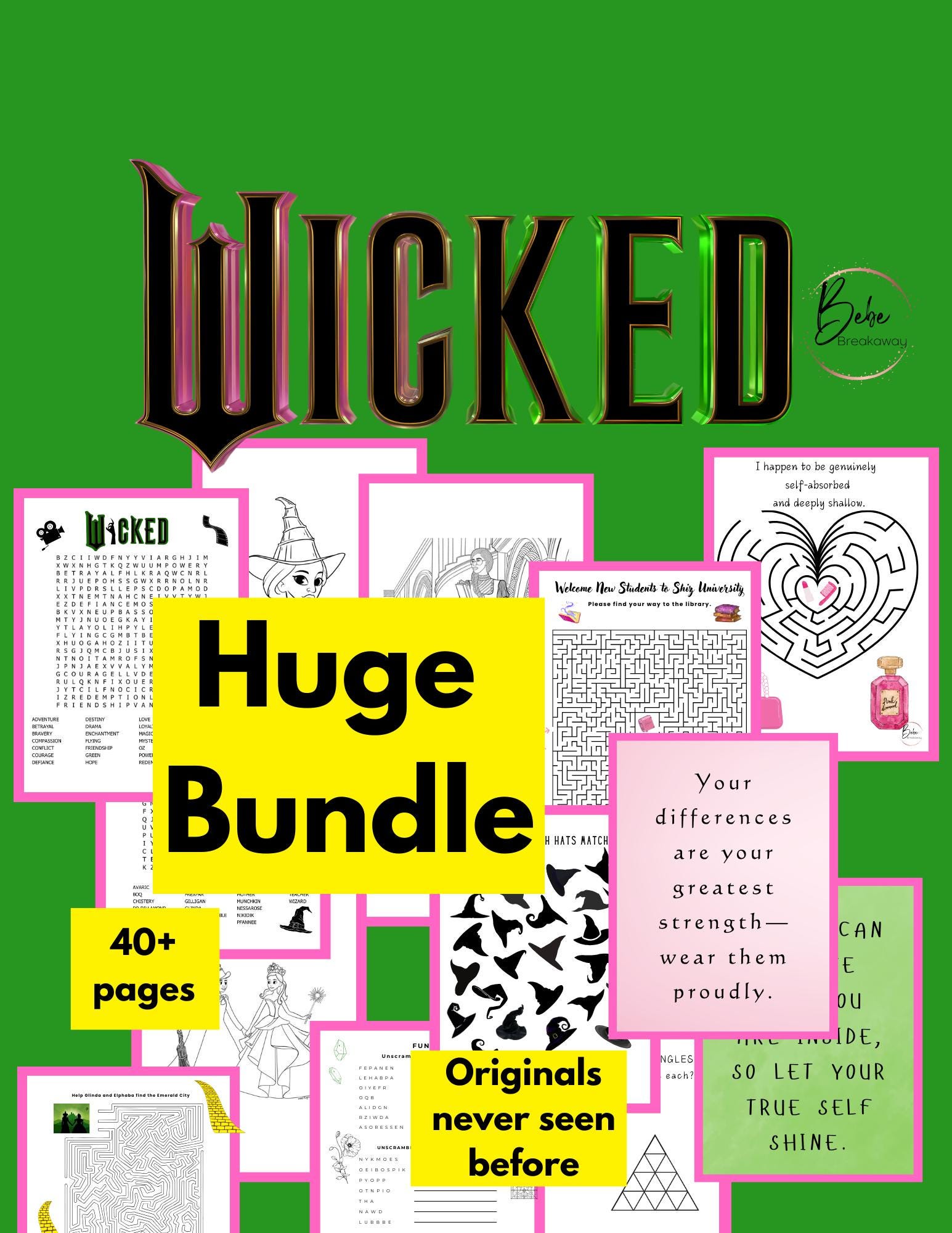 Wicked The Movie Activity Bundle, Watch Party, Girls Night In, Wicked Themed, Coloring Pages, Mazes, Unscramble Words, Posters and more
