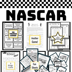 May include: A set of printable NASCAR-themed educational games and activities for kids. The set includes bingo cards, word searches, coloring pages, mazes, and trivia cards. The games feature a black and white checkered pattern and images of race cars.