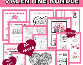 Valentine’s Bundle 30 plus pages of Printable Fun Bingo, Secret Code, I Spy, Word Search, Coloring, Cards, activities and more.