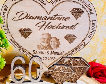 Diamantene Hochzeit Aufsteller aus Holz, graviert mit FOTO, NAMEN, HOCHZEITSDATUM - personalisiert