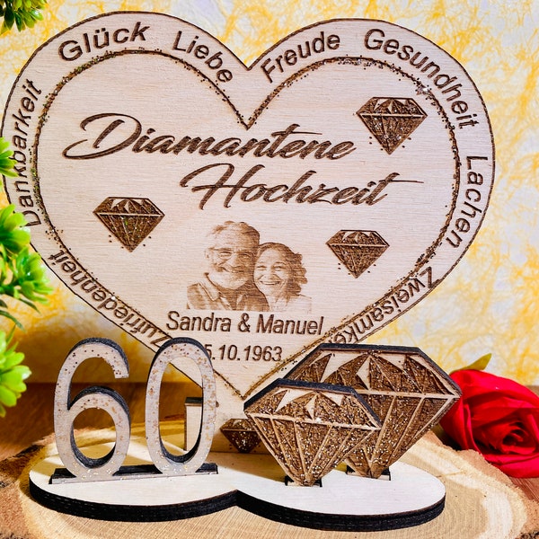 Diamantene Hochzeit Aufsteller aus Holz, graviert mit FOTO, NAMEN, HOCHZEITSDATUM - personalisiert