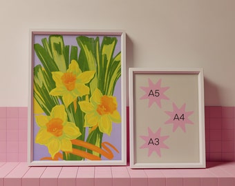 Pode incluir: Duas molduras brancas com fundo roxo claro. A moldura maior mostra uma pintura de narcisos amarelos com folhas verdes. A moldura menor mostra três estrelas cor-de-rosa com o texto "A3", "A4" e "A5".