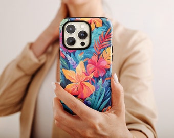 Tropical iPhone Tough Case Jungle Colorful Foliage Trendy Design Print Impact Resistant Phone Cover Gift 7 8 X 11 12 13 14 Pro Plus Mini Max