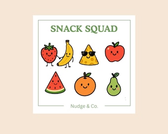 Snack Squad Sticker Sheet | Cute Food Vinyl Stickers | Kawaii Fruit and Cheese Characters | Nudge & Co.