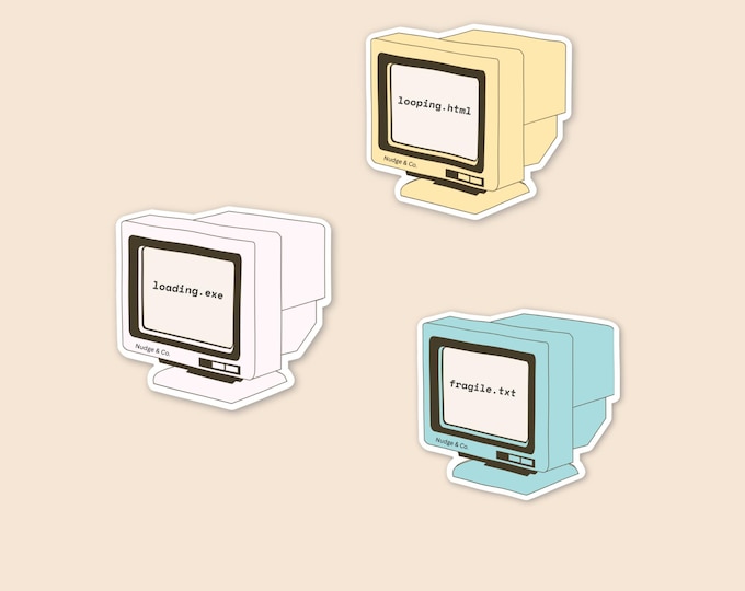 Vintage PC Sticker Pack – “fragile.txt”, “loading.exe”, “looping.html” – Retro Mental Health & AI Humor Vinyl Stickers