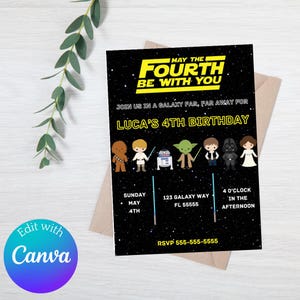 May include: A Star Wars themed birthday invitation with a black background and yellow text. The text reads "May the Fourth Be With You" and "Luca's 4th Birthday". The invitation includes a date, time, and address.