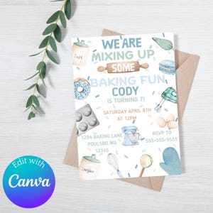 Editable Baking Birthday Invitation, Any Age Boys Cooking Birthday, Pastel Blue Party Invite, Canva Invitation Template, Digital Download