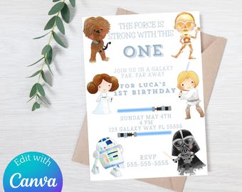 May include: Star Wars themed first birthday party invitation with a blue and white color scheme. The invitation features illustrations of characters from the Star Wars franchise, including Chewbacca, Princess Leia, Luke Skywalker, R2-D2, and Darth Vader. The text on the invitation reads "The Force is Strong with this One", "Join us in a galaxy far, far away", "For Luca's 1st Birthday", "Sunday May 4th, 4 PM", "123 Galaxy Way FL 55555", and "RSVP 555-555-5555".