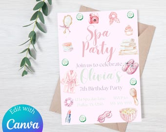 May include: Pink and green spa party invitation with a watercolor design. The invitation features a spa robe, cucumber slices, a hair tie, a makeup brush, a cupcake, a camera, a headband, a mirror, a pair of slippers, a bowl of popcorn, a pair of eye masks, and a stack of towels. The text on the invitation reads "Spa Party", "Join us to celebrate Olivia's 7th Birthday Party", "1234 Spa day lane Dallas TN 32145", "RSVP 10 555-555 5555".