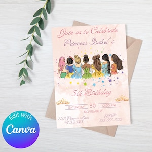 Editable Princess Birthday Invitation Template, Any Age Birthday Invitation, Canva Invitation Template, Digital Download, Girl Birthday