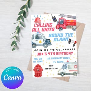 Editable Calling All Units Birthday Invite, First Responder Birthday, Emergency Vehicles Party, Canva Invitation Template, Digital Download