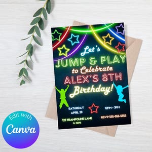 Editable Jump & Play Birthday Invite, Trampoline Park, Neon Glow, Any Age Birthday Invitation, Canva Invitation Template, Digital Download,