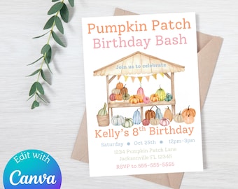 Peut inclure: Une invitation d'anniversaire sur le thème du champ de citrouilles. L'invitation présente une illustration à l'aquarelle d'un stand de citrouilles avec diverses citrouilles. Le texte comprend "Pumpkin Patch Birthday Bash" et "Kelly's 8th Birthday".