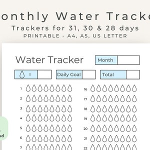 Printable Monthly Water Tracker| Water Intake Template| Hydration Tracker| Water Diary| Water Challenge| A4/A5/USLetter