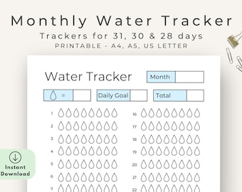 Printable Monthly Water Tracker| Water Intake Template| Hydration Tracker| Water Diary| Water Challenge| A4/A5/USLetter
