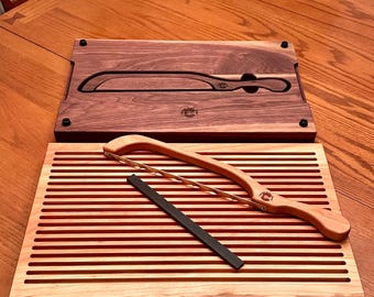 Handmade Sourdough Bread Board Hidden Knife Storage, Crumb Catcher Slots, & Bow Knife Set, Walnut, Maple, Cherry, Oak