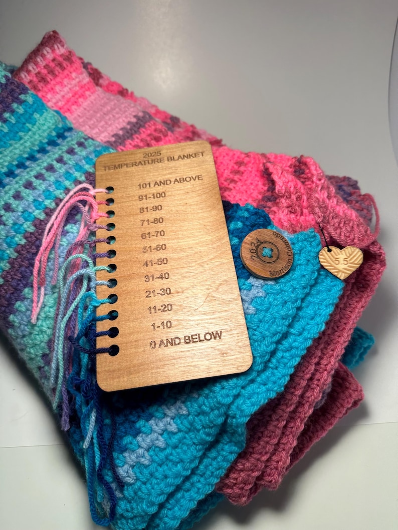 Close-up of a folded crocheted temperature blanket in shades of pink, teal, and purple.  A wooden temperature key is attached, listing temperature ranges from 0 and below to 101 and above. The blanket is handmade and features a color-coded design corresponding to the temperature key.  The key is labeled '2025 Temperature Blanket'.