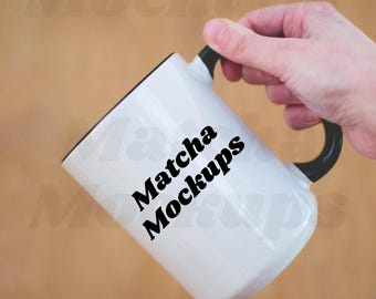 15oz Black Handle Mug Mockup: Wood Background (Digital Download)
