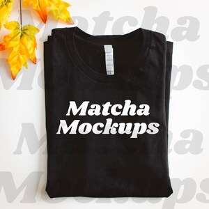 Bella Canvas 3001 Black Tee Shirt Mockup, Black 3001 T Shirt Mockup, Styled Flat Lay Black T Shirt Mockup with Fall Leaves