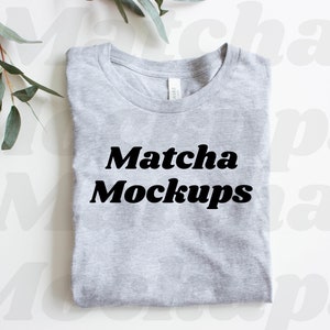 Bella Canvas 3001 Athletic Heather Tee Shirt Mockup, Flat Lay Gray 3001 T-Shirt Mockup, Styled Gray T Shirt Mockup with Greenery