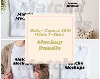 Könnte beinhalten: Ein Mockup-Paket mit vier weißen Bella + Canvas 3001 T-Shirts mit dem aufgedruckten Text "Matcha Mockups". Die T-Shirts werden in verschiedenen Posen gezeigt, darunter flach liegend, auf einem Kleiderbügel und von einer Person getragen.