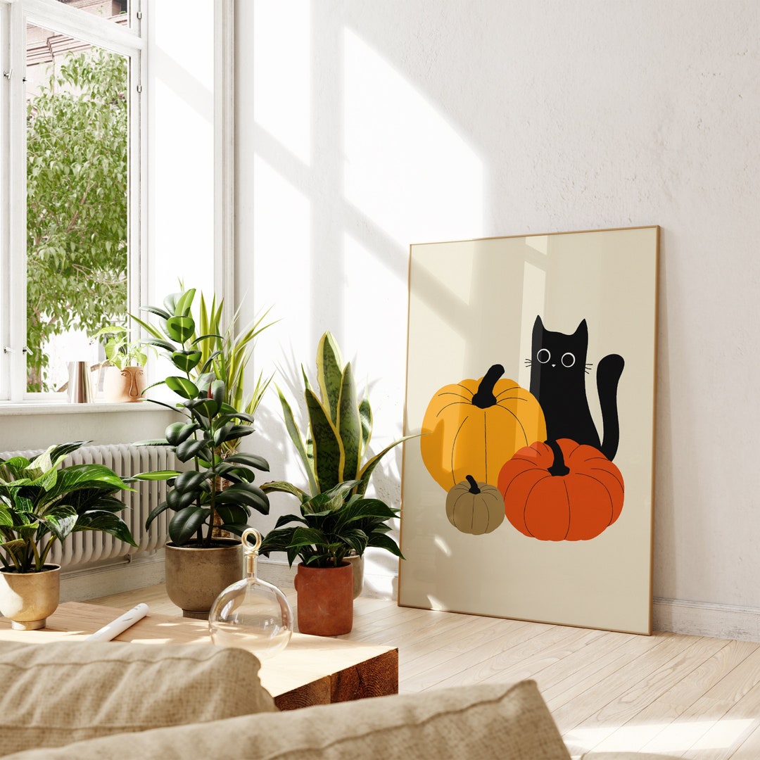 Black Cat Pumpkin Fall Art Print, Halloween Home Decor (digital ...