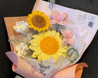 Personalisierte gehäkelte Sonnenblume Bouquet, Wollstrickblume, Muttertag, Blumenverzierung, Geschenk für sie / ihn, Abschlussstrauß Geschenk