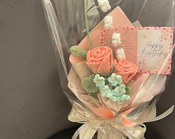 Ramo de rosas de ganchillo, ramo de punto hecho a mano, ramo de flores de ganchillo, regalo para la madre, adorno floral, regalo para ella, regalo para el amante