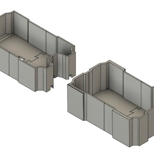 May include: Two gray rectangular containers with a unique interlocking design. The containers are open at the top, revealing a hollow interior. The design suggests they can be connected or stacked. The image is a 3D rendering.