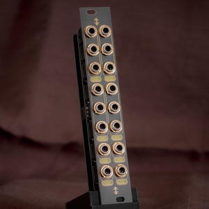 Può includere: Un'interfaccia audio in metallo nero con jack dorati e un supporto nero. L'interfaccia ha 16 jack disposti in due file da otto. L'interfaccia è etichettata con il simbolo "+" e "-".