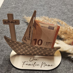 Cash gift for communion/confirmation/baptism; ship; made of wood; cash gift; card; gift