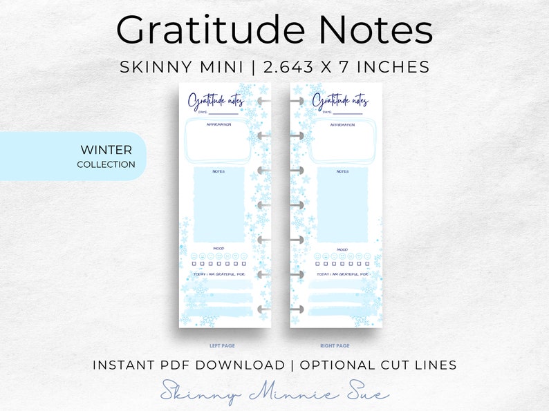 Skinny Mini Winter Happy Planner Printable, Simple Gratitude Notes for Disc Planners, Mood & Affirmations Tracker with Cut Lines image 1