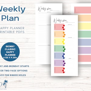 May include: Printable weekly planner with rainbow colored sections for each day of the week. The planner has space for goals, to-do lists, and notes. The planner is 4.125 inches by 9.25 inches.