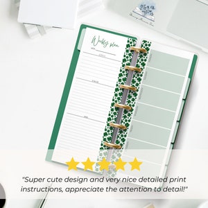 The pages are shown open in a Skinny Mini green binder gold silver rings. It is on a desk next to a laptop and a coffee cup. 5 yellow stars are shown with text from a customer review: Super cute design and very nice detailed print instructions!"