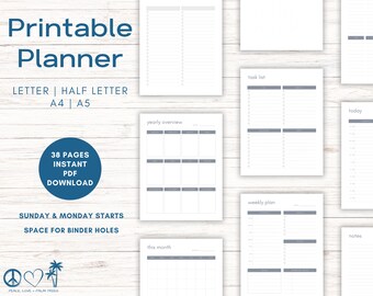 Minimalist Printable Planner Bundle, Daily Weekly Monthly Pages, Undated Productivity Tracker, Printables in Letter Half Letter A4 A5 Sizes